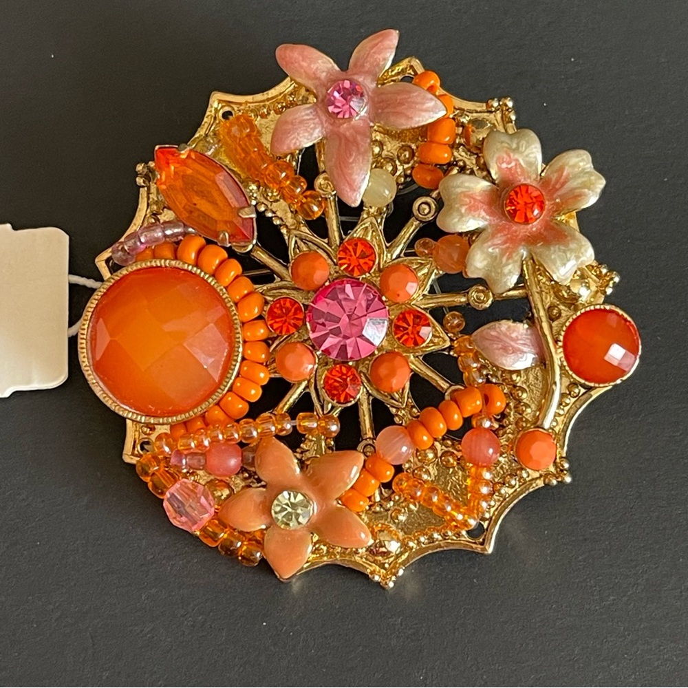 Georgiou Color enamel & rhinestones Floral Orange Brooch.